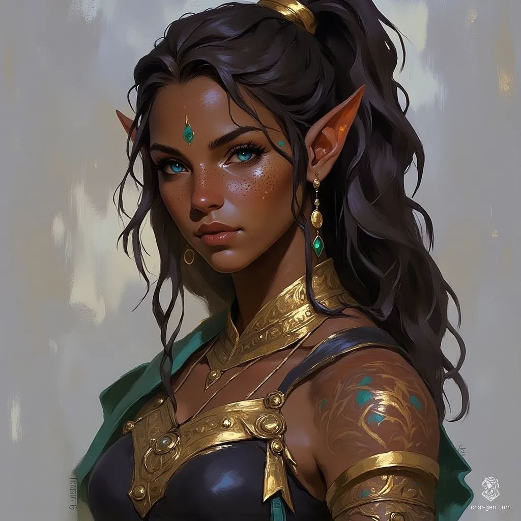A strikingly attractive middle-aged elf, she possesses deep blue eyes that contrast with her thin, white body patterns. Her dark brown ponytail, secured in a gold tube, complements her simple black Egyptian dress. Long gold earrings dangle from her ears, while a green silk veil drapes over her face, hinting at wisdom and weariness.