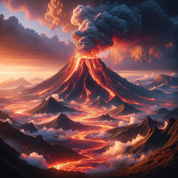 A hyperrealistic volcanic entity emerges from the fiery abyss, its form crafted in stunning 4K detail. Cloaked in molten rock, cracks reveal a vibrant core pulsing with molten lava, illuminating its majestic, fearsome presence amidst swirling plumes of ash and smoke, embodying the elemental fury of the earth.