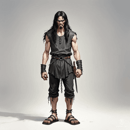 A towering figure of despair, this gaunt medieval prisoner, in tattered rags and worn sandals, exudes an aura of fury. His long black hair frames a face etched with anger, while heavy chains rattle ominously, symbolizing both his captivity and unyielding spirit.