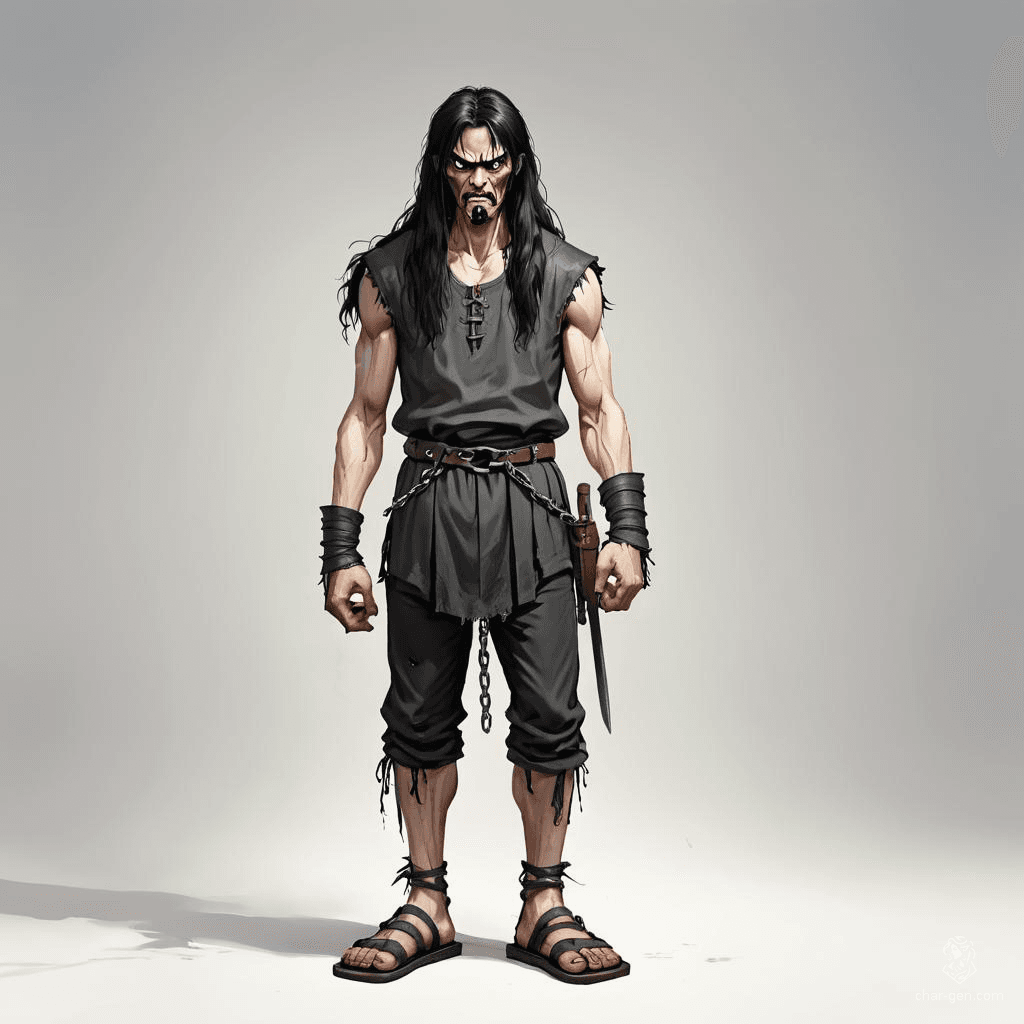 A towering figure of despair, this gaunt medieval prisoner, in tattered rags and worn sandals, exudes an aura of fury. His long black hair frames a face etched with anger, while heavy chains rattle ominously, symbolizing both his captivity and unyielding spirit.