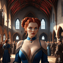 A seductive femme fatale with wavy red hair in a loose bun and captivating blue eyes, this busty female spy expertly blends into crowds, eavesdropping and carrying secret messages while in inconspicuous attire. Her alluring pinup charm belies her dangerous and enigmatic profession.