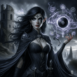 Zorwyn Volandross, a wise and intelligent High Elf warlock, wields arcane power with her ancestral weapon, marked by a shadowy scar. With silver eyes and jet-black hair, she dons the Volandross family colors. Her studies in void magic allow her to summon black holes and manipulate gravity.