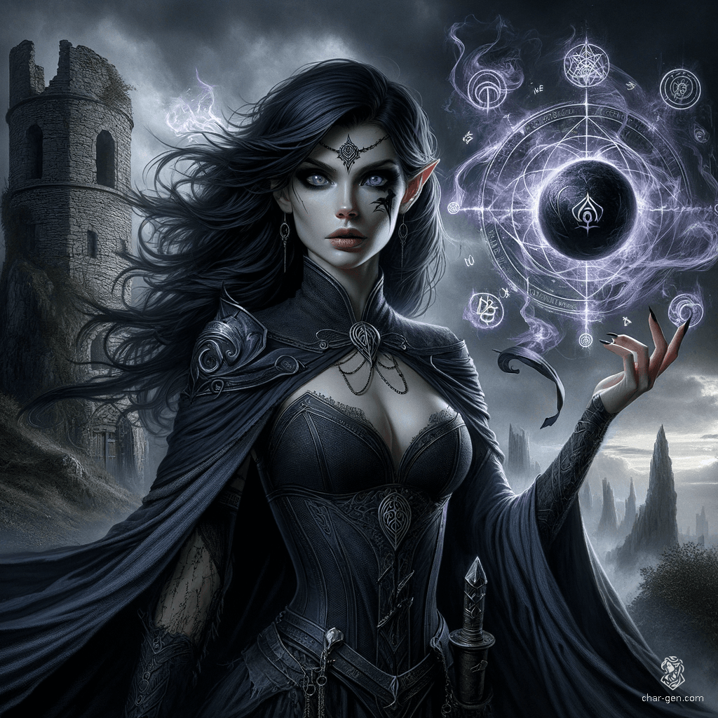 Zorwyn Volandross, a wise and intelligent High Elf warlock, wields arcane power with her ancestral weapon, marked by a shadowy scar. With silver eyes and jet-black hair, she dons the Volandross family colors. Her studies in void magic allow her to summon black holes and manipulate gravity.