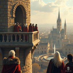 In a towering city, a gathering of Gallic figures share a tranquil winter moment on a lofty balcony. Below, noble war veterans listen to the haunting lament of a long-haired bard, weaving tales of valor amid the echoes of a bustling metropolis.