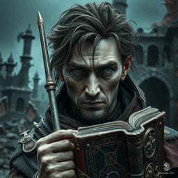 Eliseo Alboresi is a 22-year-old olive-skinned wizard of medium build, standing at 6’0” with espresso brown hair and striking green eyes. A sage deeply devoted to self-improvement, Eliseo wields a sleek wand and enchanted garments marked with arcane sigils, always seeking answers to life's profound questions.