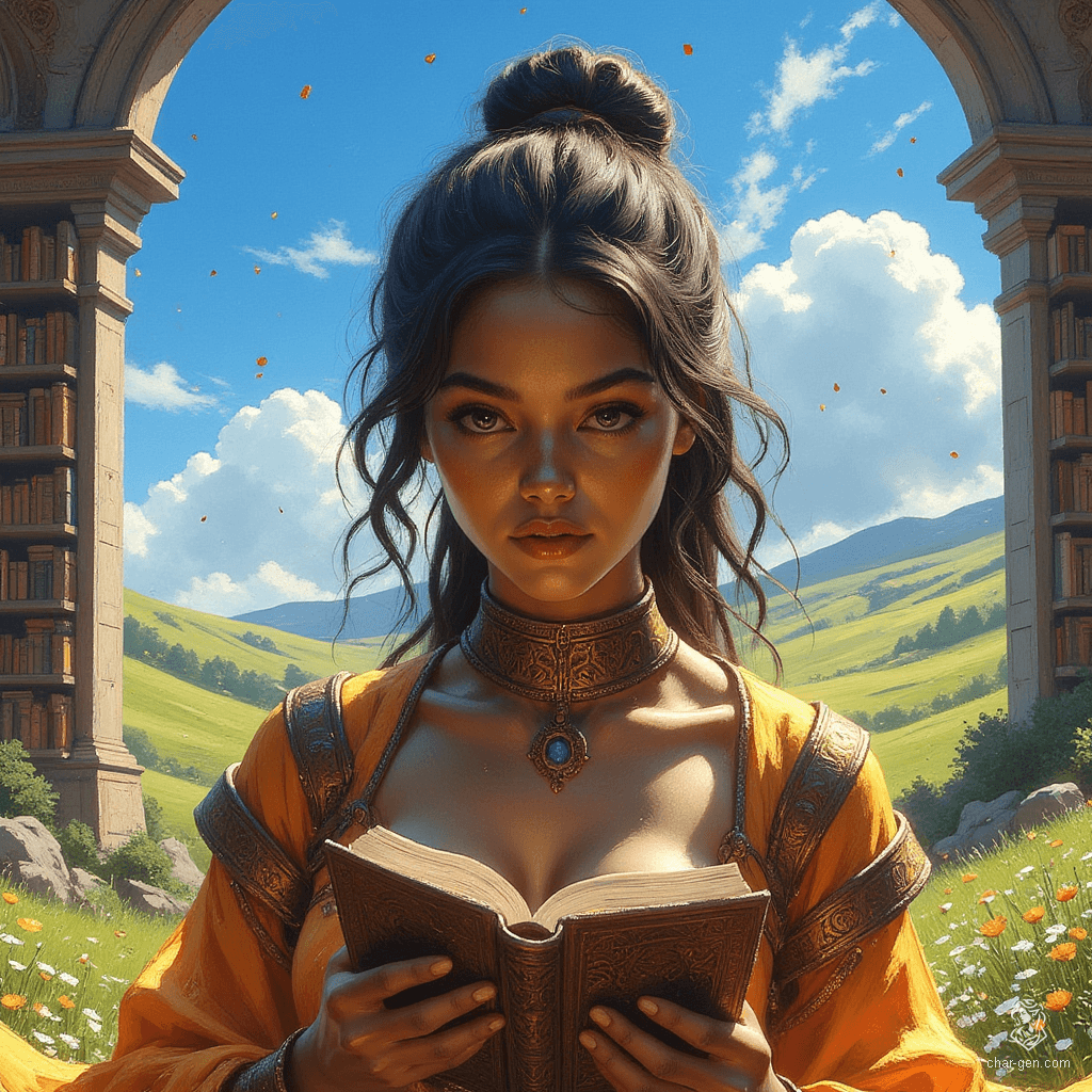 Jouli is a strikingly gorgeous middle-aged investigator mage of Indian descent, her dark brown skin shimmering in the sunlight. As she casts a shield spell, her intricately embossed leather armor glistens. With a keen intellect, she meticulously catalogs ancient texts within her towering library, preserving wisdom of ages past.