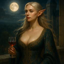 A stunning elven noblewoman with silver-blonde hair and pale skin stands gracefully on a moonlit castle balcony. Draped in an intricately embroidered gown, she exudes calm power and timeless beauty as she gazes over a glowing forest, a glass of elven wine in hand.