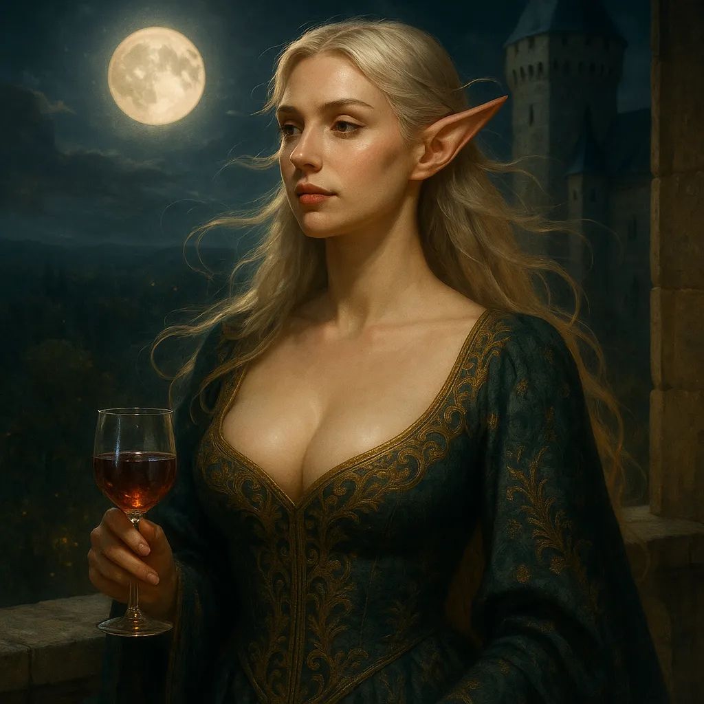A stunning elven noblewoman with silver-blonde hair and pale skin stands gracefully on a moonlit castle balcony. Draped in an intricately embroidered gown, she exudes calm power and timeless beauty as she gazes over a glowing forest, a glass of elven wine in hand.