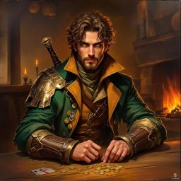Korin Mayfaire is a 30-year-old human rogue and sorcerer, standing at 5'10" with tan skin and curly brown hair. Clad in intricately detailed brown and green leather armor, he possesses piercing hazelnut eyes and wields a rapier with deft precision. Nimble and intelligent, he navigates both dark alleys and arcane secrets, driven by a commitment to protect his community from malevolent forces.