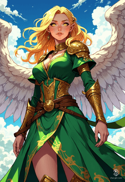 Sigarda is a radiant angelic warrior adorned in striking green and gold armor. With flowing golden hair and glowing gold eyes, she floats gracefully in the sky, embodying strength and beauty. Her dynamic pose and vibrant colors bring her exquisite digital anime art to life, captivating all who gaze upon her.
