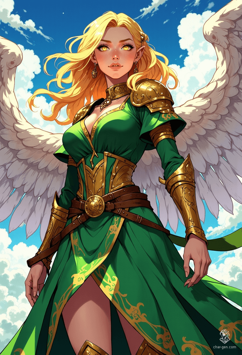 Sigarda is a radiant angelic warrior adorned in striking green and gold armor. With flowing golden hair and glowing gold eyes, she floats gracefully in the sky, embodying strength and beauty. Her dynamic pose and vibrant colors bring her exquisite digital anime art to life, captivating all who gaze upon her.
