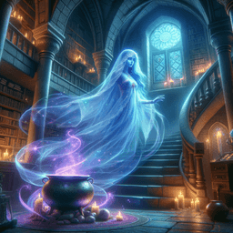 The Spectral Sorceress is a haunting female ghost, draped in flowing wizard robes. Her translucent blue skin glows with an ethereal light, allowing her to float gracefully through solid objects. This enigmatic figure, with her striking blue complexion, embodies the mystery of the spirit world.