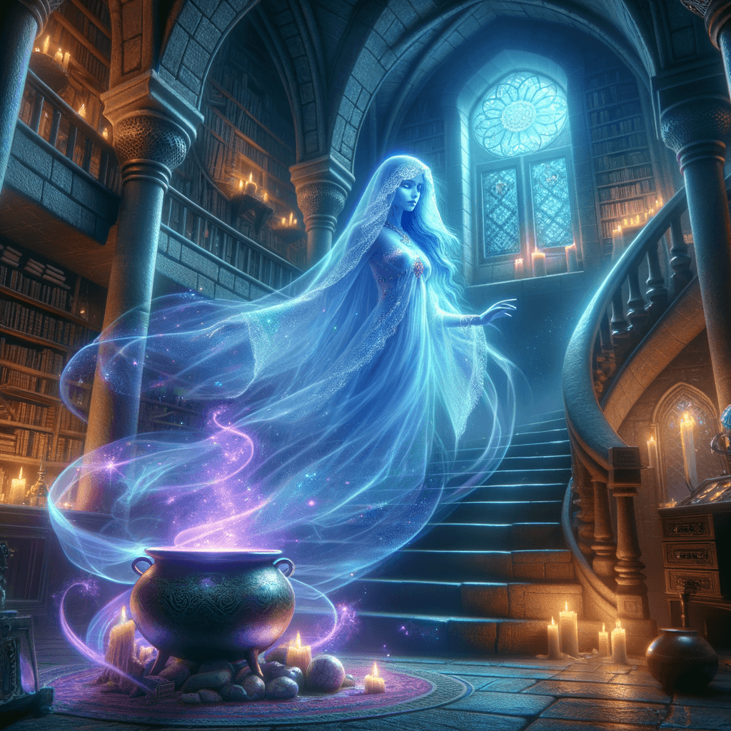 The Spectral Sorceress is a haunting female ghost, draped in flowing wizard robes. Her translucent blue skin glows with an ethereal light, allowing her to float gracefully through solid objects. This enigmatic figure, with her striking blue complexion, embodies the mystery of the spirit world.