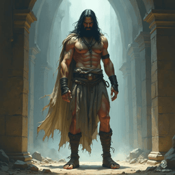 A tall, ragged prisoner, with long black hair and an angry expression, embodies a haunting ethereal presence. Clad in tattered garb and leather sandals, he carries an air of majestic defiance amidst a dreamlike, celestial landscape, capturing the very essence of epic fantasy.