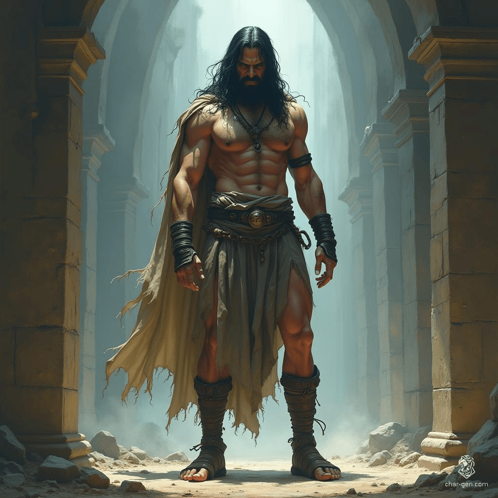 A tall, ragged prisoner, with long black hair and an angry expression, embodies a haunting ethereal presence. Clad in tattered garb and leather sandals, he carries an air of majestic defiance amidst a dreamlike, celestial landscape, capturing the very essence of epic fantasy.