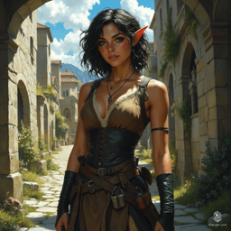Izzy, a newly emancipated halfling assassin, embodies grace and danger. With medium-toned skin adorned with shimmering green scales, her piercing reptilian eyes hint at her deadly precision. Clad in practical brown armor, she expertly readies her heavy crossbow, exuding a mix of competence and thrilling malice as she awaits her next target.
