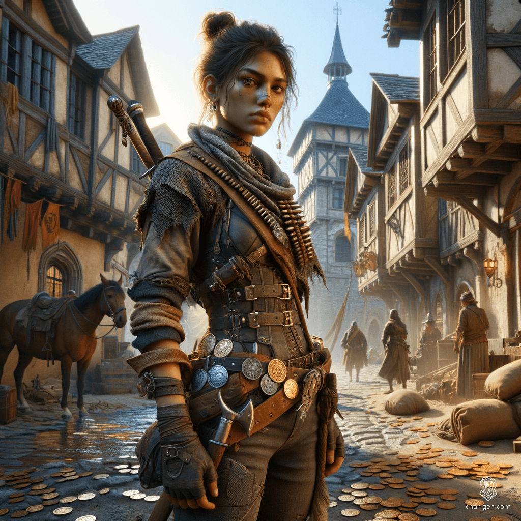In a medieval village backdrop, an olive-skinned young female fighter stands confidently in tattered leather armor, her dark hair in a bun. A hardened outlaw and bandit, she carries a variety of weapons and a pouch of stolen coins, exuding beauty and danger.