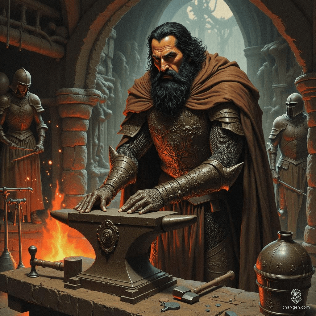 A confident male dwarf fighter stands proudly in his armory, surrounded by gleaming suits of armor and an array of weapons. His distinct tan skin and jet-black hair contrast with his chainmail and brown cloak, embodying strength and craftsmanship in a mystical forest setting.