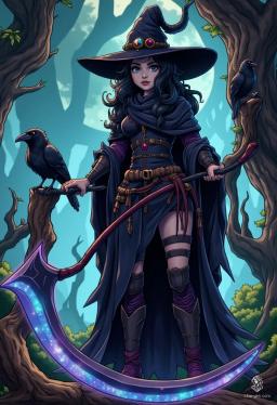 Branwen Umbra, a 230-year-old cleric with a serene demeanor, embodies wisdom and strength. Her alabaster skin shimmers, contrasting with her writhing onyx hair and swirling silver-and-black eyes. Clad in intricately detailed black robes, wielding a scythe, she guides souls with grace, accompanied by two enigmatic ravens.