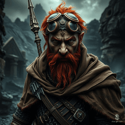 Meet Torin Ironfoot, a savvy male dwarf hunter with striking red hair and a matching beard. Clad in chainmail and a brown cloak, he roams the forests and mountains, tracking prey with his trusty bow or spear. An ingenious artificer, his intricate goggles and mechanical devices aid in every hunt.