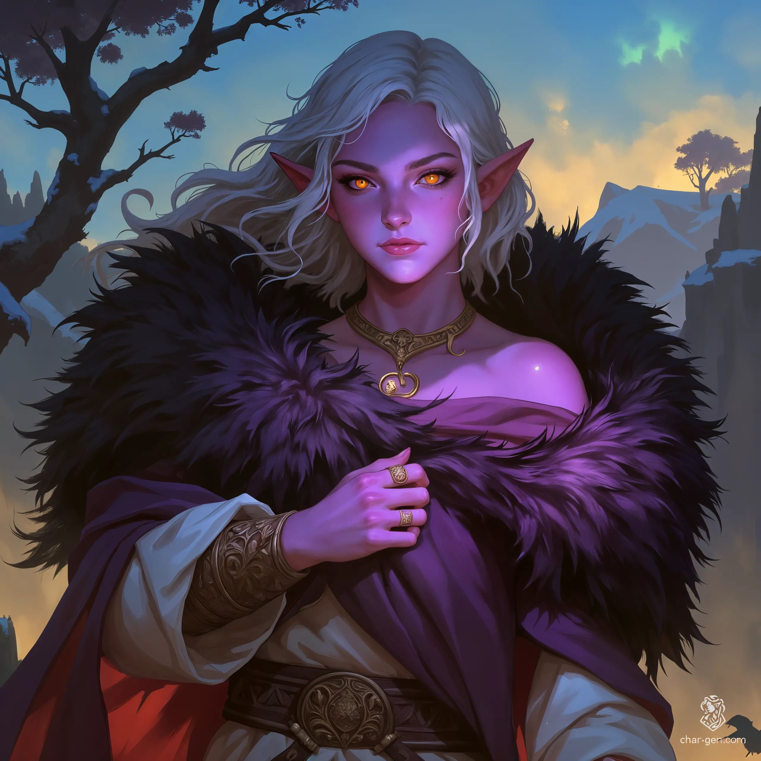 Lunaan is a striking 17-year-old dark elf girl with captivating purple skin and unkempt white hair. Towering and thin, she blends cuteness with an unsettling aura. Clad in tattered, Inuit-inspired robes, she wields a crude spear adorned with ancient runes, hunting in a shadowy, fog-laden forest.