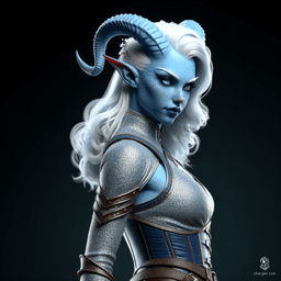 A striking Tiefling warrior, she exudes confidence with her curvy form and unique style. Her short, white hair is shaved on one side, accentuating her light blue skin and prominent horns. Captured in a dynamic pose, she embodies the essence of medieval fantasy with stunning detail and realism.