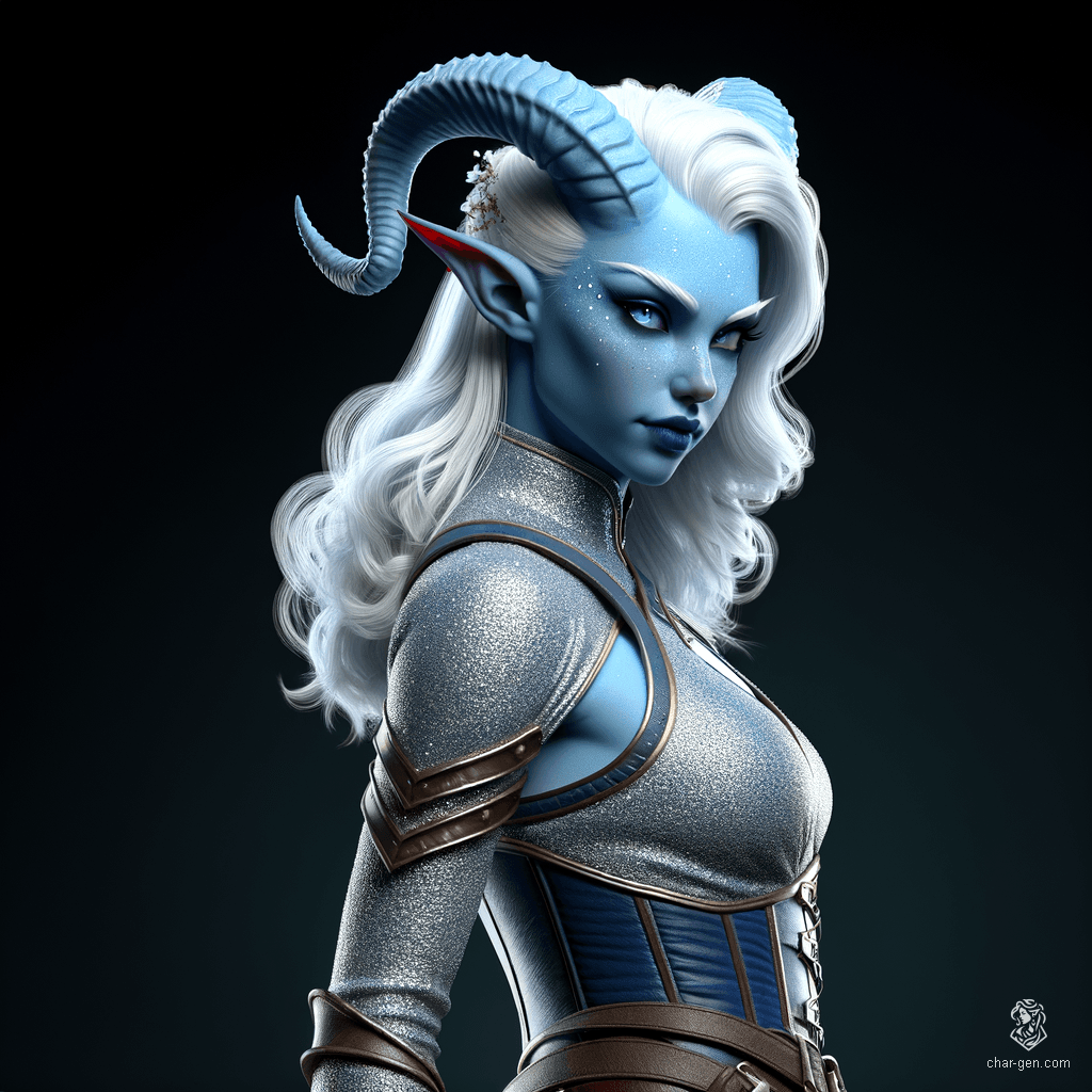 A striking Tiefling warrior, she exudes confidence with her curvy form and unique style. Her short, white hair is shaved on one side, accentuating her light blue skin and prominent horns. Captured in a dynamic pose, she embodies the essence of medieval fantasy with stunning detail and realism.
