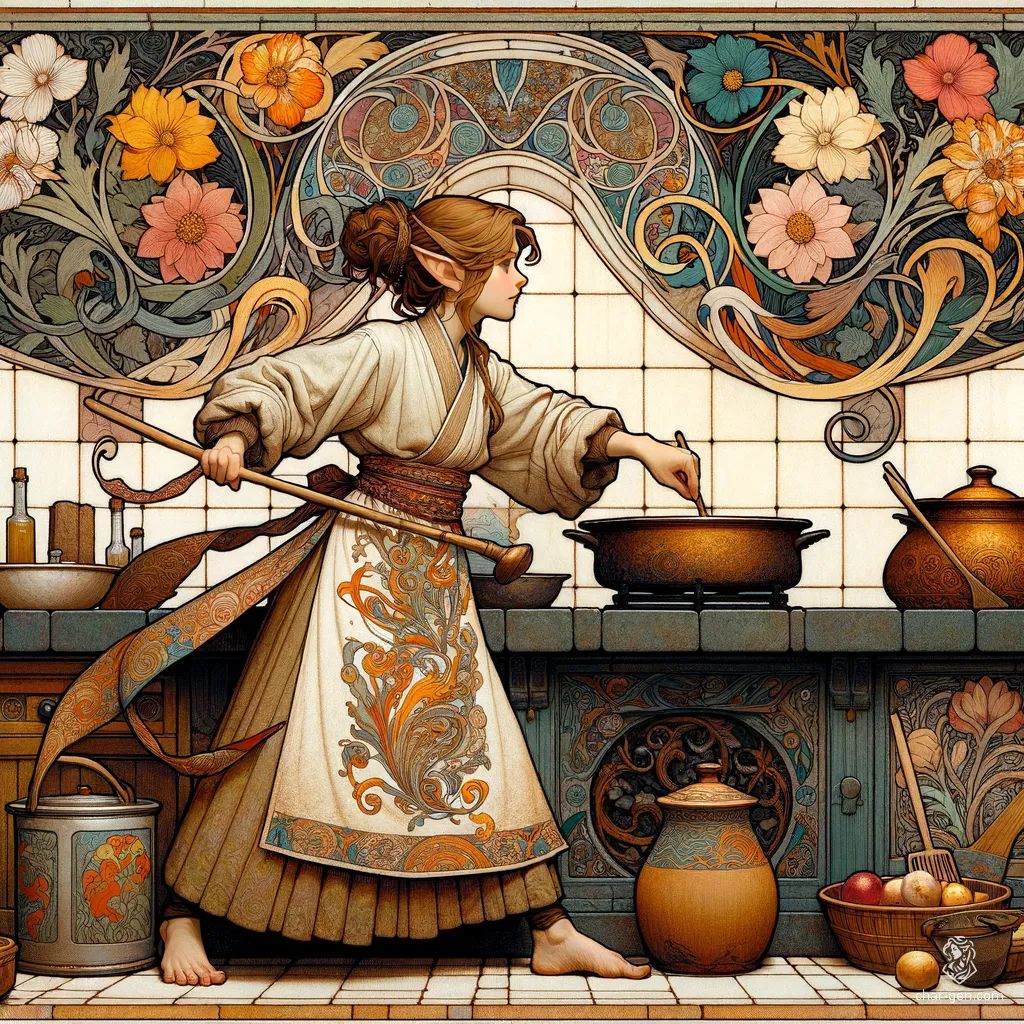 In a bustling medieval Asian kitchen, a spirited halfling chef artfully juggles multiple cooking implements. Surrounded by simmering pots and pans, she navigates the busy scene, delighting in the aromas while hungry customers chat eagerly. Her vibrant energy brings joy to the feudal Japan-inspired culinary realm.