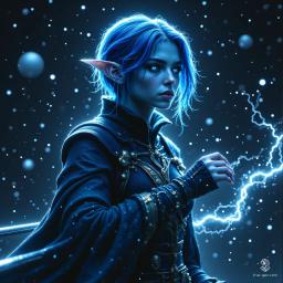 A regal female elf with pale blue skin and long ears stands confidently on a merchant’s sky ship. Her short, electrified blue hair frames serious, ethereal blue eyes, and golden eyeshadow accentuates her serious demeanor. Clad in fitted attire trimmed with wool, she gazes into the night sky, lost in contemplation.