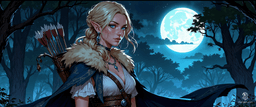 The striking Slavic huntress, draped in a fur-lined cloak, embodies ethereal beauty with her ash-blonde braid and soft blue eyes. Clutching a silken-threaded bow, she stands poised in a misty forest, moonlight illuminating her delicate pendant and fierce determination.