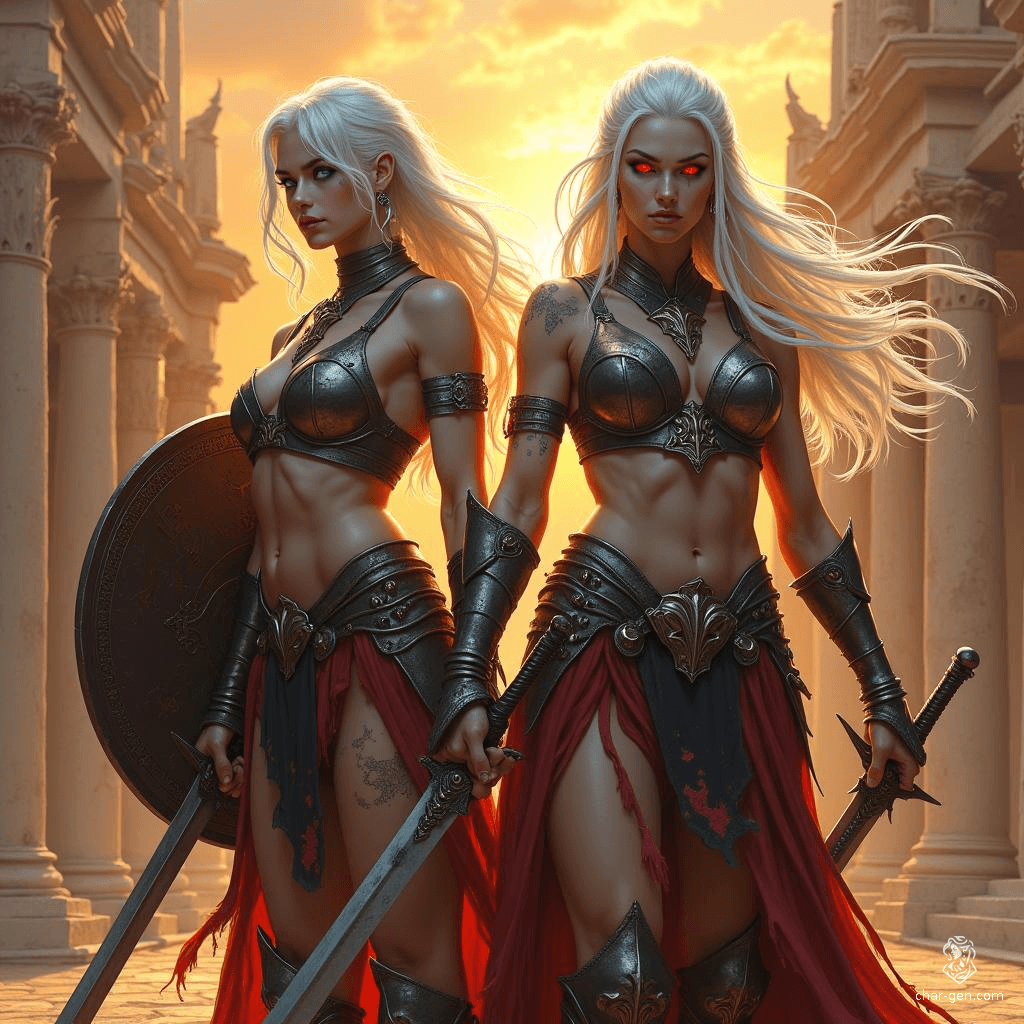 In the heart of an ancient arena, two fierce Drow sisters stand resolute. The tall, agile warrior with flowing white hair wields twin swords, her fierce red eyes ablaze. Beside her, the stockier sister, scarred and steadfast, holds a battered shield, ready for battle. Together, they embody strength and resilience.