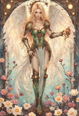 Sigarda, a stunning female angel, gracefully floats through the sky adorned in shimmering green and gold armor. Her golden hair flows elegantly around her pale skin, while her solid gold, glowing eyes captivate all. Surrounded by intricate floral motifs, she embodies the harmony of nature and divine beauty.