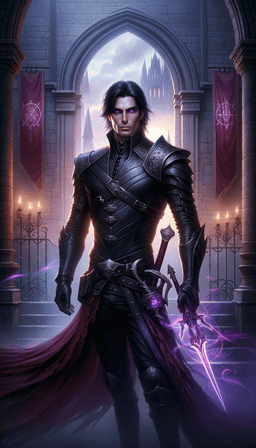 A lean, muscular Executioner Slayer clad in black leather armor etched with glowing purple runes, draped with a tattered, blood-stained red cloak. Pale-faced with jet-black hair and glowing demonic eyes, they wield a purple-sheened bastard sword and curved sickle, exuding a calm, sadistic aura amidst a neon-lit, dystopian abyss.