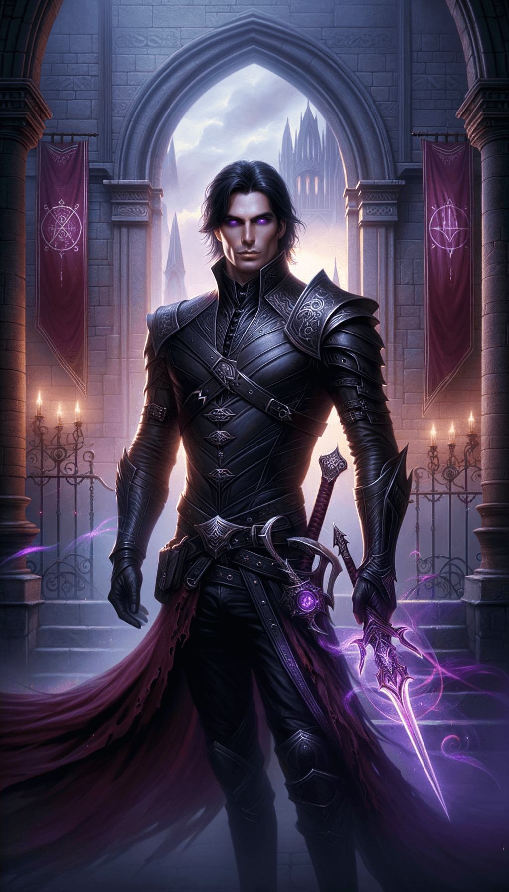 A lean, muscular Executioner Slayer clad in black leather armor etched with glowing purple runes, draped with a tattered, blood-stained red cloak. Pale-faced with jet-black hair and glowing demonic eyes, they wield a purple-sheened bastard sword and curved sickle, exuding a calm, sadistic aura amidst a neon-lit, dystopian abyss.