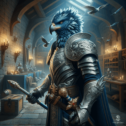 Captain Graeciass is a charismatic Aarakocra sorcerer and leader of the Baldur's Gate guard. With dark gray plumage and striking golden eyes, he blends charm and intelligence with a spooky, occult presence. Armed with a magical glaive and a brooding authority, he commands respect and loyalty among his ranks.