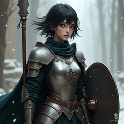 A fierce shadar-kai elf, she wields a gleaming mithril full plate armor that reflects her determination. With coal black eyes and short raven hair, her imposing presence is heightened by a spear in one hand and a shield in the other, ready to defend her shadowy realm.