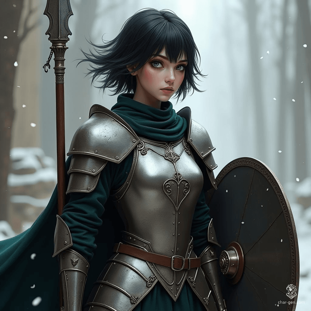 A fierce shadar-kai elf, she wields a gleaming mithril full plate armor that reflects her determination. With coal black eyes and short raven hair, her imposing presence is heightened by a spear in one hand and a shield in the other, ready to defend her shadowy realm.