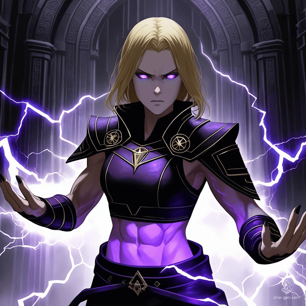 A young female Sith apprentice with shoulder-length gold hair and white eyes stands in a dark temple, electric energy crackling from her black-tipped fingers. Clad in a black and purple leather crop top, her muscled abs and glaring look radiate intimidation amidst eerie purple mist and lightning.