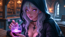 A lithe and strikingly beautiful female elf with gleaming metallic silver-gray hair and glowing violet eyes peers out from beneath her hood. As a powerful wizard, she traces arcane sigils in the air, her smirk oozing power and sensuality. Enchanted garments and a magical tome or staff complete her captivating presence.