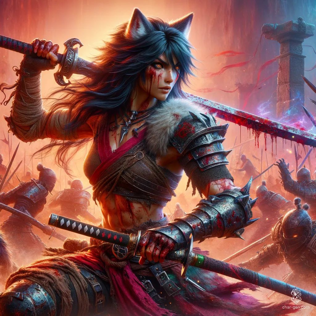 A fierce female Kitsune barbarian, her muscular form is adorned with battle scars and splattered blood. Long, raven hair streams down her face, saturated with the remnants of combat. Her bloodied skin, marked by numerous battles, tells tales of her wild, untamed spirit.