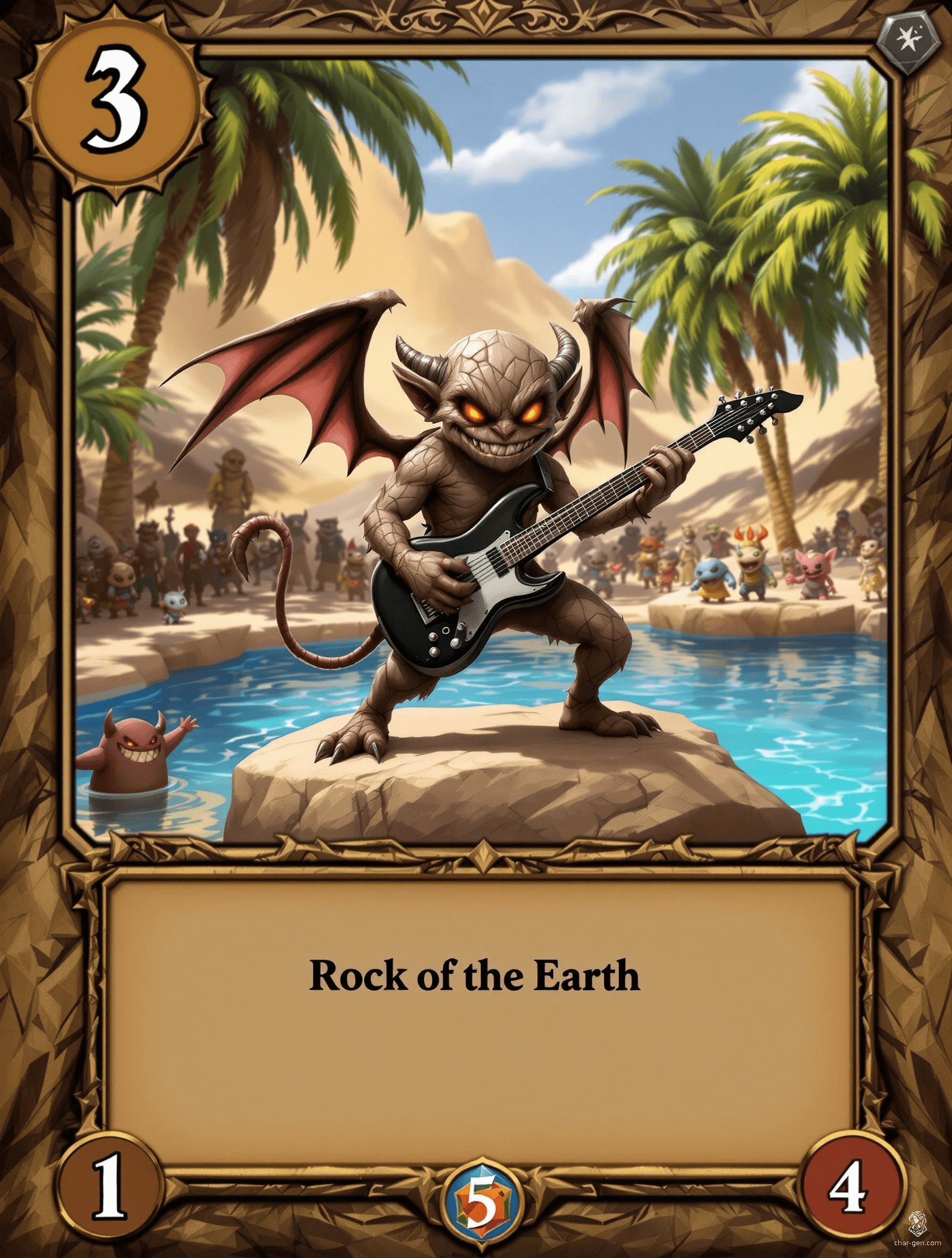 **Rock Mephit Card**  
*Title: Rock Mephit*  
*Description:* A mischievous Earth Mephit with stone skin and bat-like wings, he strums an electric guitar atop a boulder stage, captivating a crowd of impish followers. Delighting in disruption, he embodies mischief and rock 'n' roll rebellion.
*Attributes:*  
- *Type:* Earth Mephit (1.5)  
- *Size:* Small  
- *Abilities:* Sharp claws, whip-like tail, mischievous spells.  
*Text Box: Rock of the Earth*  
*(Brown earth-themed border with colorful details depicting the lively scene)*
