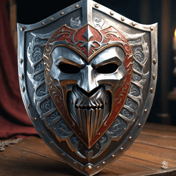 The Aegis of Arghast is a legendary folding buckler shield, almond-shaped and adorned with an intricately detailed silver mask at its center. Said to channel the courage of ancient warriors, it can deflect any blow and inspire unwavering bravery in its bearer.