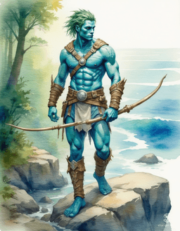 Kaelen Reefstrider, a male triton ranger, stands at the forest's edge, his vivid sea-blue skin shimmering in the dappled light. With kelp-green hair adorned with shells and a bow of driftwood, he merges the essence of both land and sea, embodying nature's guardian.