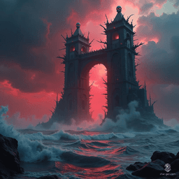 Rising ominously from a tempestuous crimson sea, two towering spires twist into the stormy sky, linked by precarious bridges. Their chaotic architecture is a maze of haphazard structures and eerie embellishments, crowned by menacing skulls that gaze down upon the churning waves below.