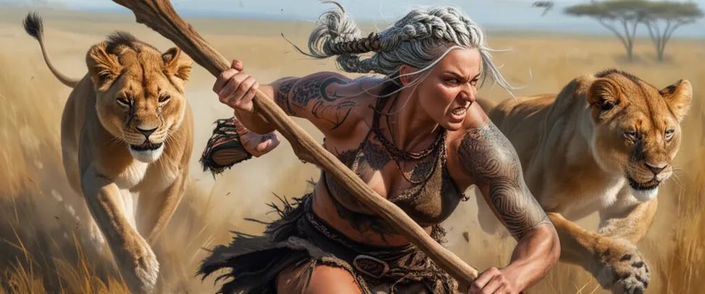 A fierce female barbarian with silver braided hair and intricate tattoos charges across the savanna, spear in hand. Clad in leather armor and flanked by two powerful lionesses, she embodies wild strength and untamed spirit amid vibrant, sunlit grasslands.