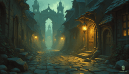 In the twilight shroud of Westcrown, crumbling facades tower like ghostly sentinels along winding cobblestone paths. Flickering lanterns cast soft, eerie glows, illuminating the remnants of past splendor. A thick fog dances overhead, enveloping the streets in an ethereal ambiance, hinting at mysteries long forgotten.