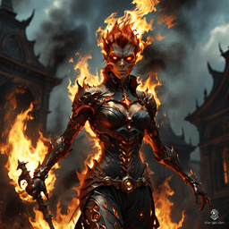 A female Fire Genasi assassin with fiery hair and dark red skin, concealed in dark clothing. Stealthy and dangerous, she lurks in the shadows, wielding hidden daggers and exuding flaming nebula effects.