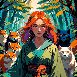 A serene female Druid embodies the essence of nature, adorned in flowing robes of earthy greens and browns. With her long, wild hair entwined with leaves and flowers, she commands a circle of loyal animal companions. Her gentle gaze reflects wisdom and harmony with the wild, reminiscent of the enchanting art style in "Breath of Fire."