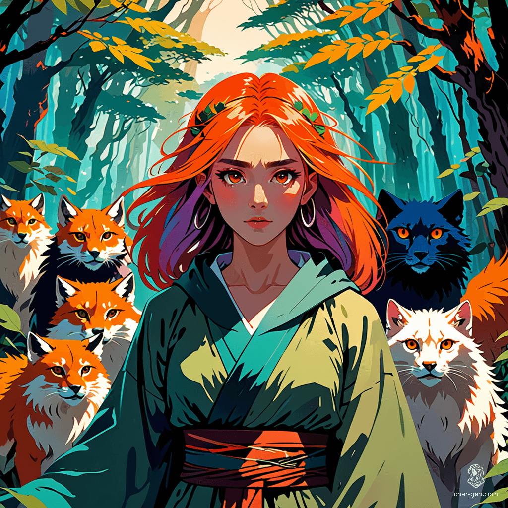 A serene female Druid embodies the essence of nature, adorned in flowing robes of earthy greens and browns. With her long, wild hair entwined with leaves and flowers, she commands a circle of loyal animal companions. Her gentle gaze reflects wisdom and harmony with the wild, reminiscent of the enchanting art style in "Breath of Fire."