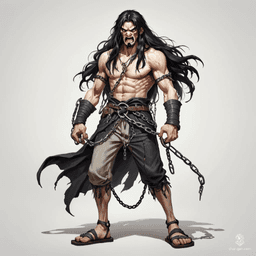 A gaunt, medieval prisoner looms tall and fierce, his long black hair cascading over a ragged form. Clad in tattered garments and leather sandals, he grips a heavy chain, his angry expression hinting at a fierce spirit unbroken by captivity. A figure of raw defiance against despair.
